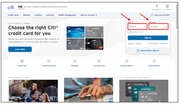 Citibank User ID and Password