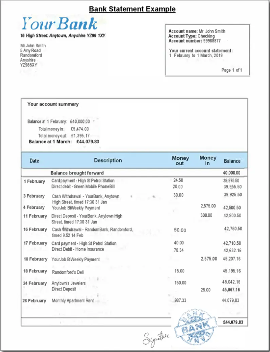 Bank Statement Example
